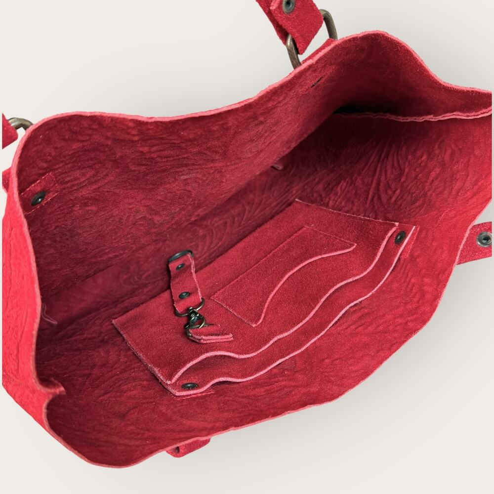 Handmade Womens Genuine Suede Leather Shoulder Tote Bag with Cosmetic Purse Red - Picture 7 of 9